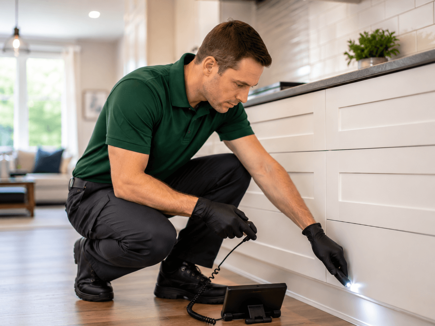 Professional pest control technician inspecting and treating home