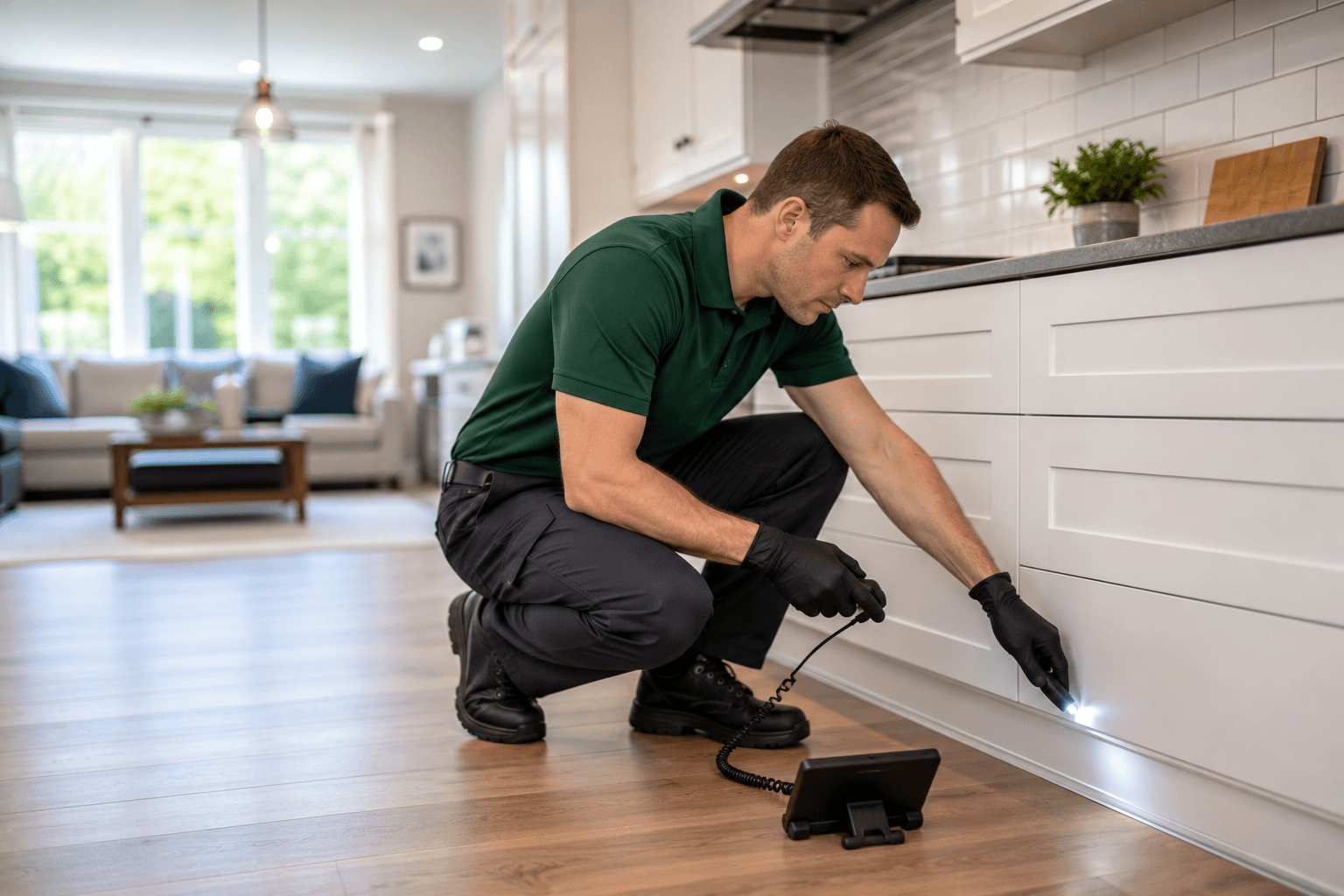 Professional pest control technician inspecting and treating home